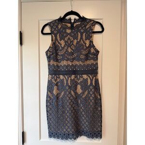 Mi Ami Blue Lace Cocktail Dress Size Small High Neck Nude Lined Wedding Guest